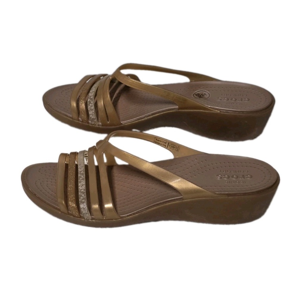 Crocs Isabella Sandals Womens 7 US Strappy Jelly Mini Wedge Bronze Gold Glitter - Picture 2 of 7